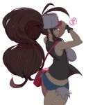  1girl ? adjusting_clothes adjusting_headwear ahoge ass bag baseball_cap big_hair black_vest blue_eyes blue_shorts breasts brown_hair closed_mouth commentary cowboy_shot curvy denim denim_shorts eyelashes from_side handbag hat highres hilda_(pokemon) large_breasts long_hair looking_at_viewer looking_back nac000 open_clothes open_vest poke_ball_print pokemon pokemon_(game) pokemon_bw ponytail shade short_shorts shorts sidelocks simple_background sleeveless smile solo spoken_question_mark sweatband tank_top thick_thighs thighs vest white_background white_headwear white_tank_top wristband 