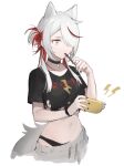  1girl animal_ears atelier_live black_panties black_shirt cropped_shirt eating english_commentary food grey_pants handheld_game_console highres holding holding_food holding_handheld_game_console lightning_bolt_symbol making-of_available mari_the_hybrid midriff multicolored_hair navel nintendo_switch_lite one_eye_covered panties pants pink_eyes pocky print_shirt procreate_(medium) red_hair shirt side_bun solo streaked_hair tail torn_clothes torn_shirt underwear virtual_youtuber white_hair wolf_ears wolf_girl wolf_tail yoimon 