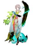  bird bird_on_hand braid cat creature facial_mark forehead_mark full_body grey_eyes grey_hair highres japanese_clothes looking_at_viewer nippon_sake_monogatari official_art personification red_eyes sandals smile snake solo tongue tongue_out transparent_background wide_sleeves 