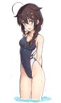  1girl ahoge alternate_costume arms_behind_back ass_visible_through_thighs bare_arms bare_shoulders black_hair black_swimsuit blue_eyes blush braid breasts competition_swimsuit cowboy_shot dan_(kumadan) hair_flaps hair_ornament hair_over_shoulder highleg highleg_swimsuit highres kantai_collection long_hair looking_at_viewer medium_breasts one-piece_swimsuit remodel_(kantai_collection) shigure_(kancolle) simple_background single_braid smile solo standing swimsuit wading wet whistle white_background 