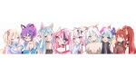  6+girls :o \m/ absurdres animal_ears anyuu bell black_choker black_shirt blue_eyes blue_hair blush bow breasts brown_eyes bsapricot_(vtuber) cat_ears cat_girl choker cleavage cleavage_cutout clothing_cutout dragon_girl dragon_horns english_commentary everyone eyebrows_visible_through_hair flower green_eyes green_hair grey_sweater hair_flower hair_ornament highres hime_hajime horns ironmouse long_hair looking_at_viewer melody_(projektmelody) multiple_girls neck_bell nyatasha_nyanners off-shoulder_sweater off_shoulder one_eye_closed pink_bow pink_flower pink_hair pink_sweater pointy_ears ponytail projektmelody purple_eyes red_hair shirt short_hair silvervale sleeves_past_wrists smile sweater tongue tongue_out v v-shaped_eyebrows vei_(vtuber) virtual_youtuber vshojo wolf_ears wolf_girl zentreya_(vtuber) 