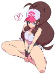  1girl ? ahoge bare_legs barefoot baseball_cap big_hair black_vest blue_eyes blue_shorts breasts brown_hair cleavage closed_mouth commentary full_body hat highres hilda_(pokemon) long_hair looking_at_viewer looking_to_the_side medium_breasts nac000 open_clothes open_vest own_hands_together poke_ball_print pokemon pokemon_(game) pokemon_bw ponytail short_shorts shorts sidelocks simple_background sitting sleeveless smile solo spoken_question_mark sweatband tank_top thick_thighs thighs vest white_background white_headwear white_tank_top wristband 