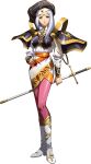  1girl armor black_headwear boots breastplate brown_eyes dress full_body hand_on_hip highres holding holding_sheath langrisser langrisser_iv long_sleeves looking_at_viewer official_art pantyhose pink_legwear selena_(langrisser) sheath sheathed shiny shiny_clothes shiny_legwear shoulder_armor solo standing sword transparent_background weapon white_dress white_footwear 
