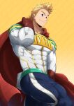  1boy absurdres bara blonde_hair blue_eyes blue_pants boku_no_hero_academia cape closed_mouth commission covered_abs covered_navel gloves highres kuroshinki large_pectorals looking_at_viewer male_focus muscular muscular_male pants pectorals red_cape red_gloves shirt short_hair smile solo taut_clothes taut_pants taut_shirt thick_thighs thighs togata_mirio white_shirt yellow_background 