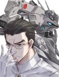  1boy artist_name black_eyes black_hair glasses gloves hair_behind_ear hand_on_eyewear highres holding holding_sword holding_weapon jacket jun_(rellik_&amp;_redrum) looking_ahead male_focus mecha military military_uniform muvluv muvluv_alternative muvluv_alternative_(anime) sagiri_naoya science_fiction sword tactical_surface_fighter type_94_shiranui uniform v-shaped_eyebrows visor weapon white_background white_gloves white_jacket 