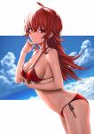  1girl ahoge alternate_breast_size bangs bare_shoulders bikini blue_sky blush breasts cleavage collarbone crossed_bangs halterneck highres idolmaster idolmaster_shiny_colors komiya_kaho large_breasts long_hair looking_at_viewer navel ocean open_mouth red_bikini red_eyes red_hair side-tie_bikini sidelocks sky solo string_bikini swimsuit thighs ulrich_(tagaragakuin) 