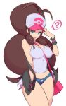  1girl ? adjusting_clothes adjusting_headwear ahoge bag baseball_cap between_breasts big_hair black_vest blue_eyes blue_shorts breasts brown_hair commentary covered_navel cowboy_shot curvy denim denim_shorts eyelashes handbag hat highres hilda_(pokemon) large_breasts long_hair looking_at_viewer midriff nac000 open_clothes open_mouth open_vest poke_ball_print pokemon pokemon_(game) pokemon_bw ponytail short_shorts shorts sidelocks simple_background sleeveless solo spoken_question_mark strap_between_breasts sweatband tank_top taut_clothes thighs vest white_background white_headwear white_tank_top wristband 