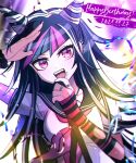  1girl arm_up bangs black_hair black_sailor_collar blue_hair breasts collarbone commentary_request danganronpa_(series) danganronpa_2:_goodbye_despair dated detached_sleeves eyebrows_visible_through_hair hair_horns hand_up happy_birthday jewelry large_breasts long_hair mikao_(eanv5385) mioda_ibuki multicolored_background multicolored_hair neckerchief open_mouth piercing pink_eyes pink_hair pink_neckerchief ring sailor_collar salute school_uniform scrunchie serafuku smile striped_sleeves torn_clothes torn_sleeves upper_body white_hair wrist_scrunchie 