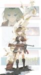  1girl armband bag blonde_hair blue_eyes boots cross crying crying_with_eyes_open girls&#039;_frontline gun hat highres iron_cross military military_hat military_uniform mp41 mp41_(girls&#039;_frontline) papers rabb_horn rain skirt solo submachine_gun sun tears uniform weapon wehrmacht wheat_field 
