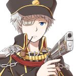  1boy antique_firearm bangs black_coat black_headwear blue_eyes buttons chain closed_mouth coat commentary_request double-breasted eyepatch firelock flintlock gun handgun hat holding holding_gun holding_weapon long_sleeves looking_at_viewer male_focus natsuya_(kuttuki) peaked_cap pipe pipe_in_mouth platinum_blonde_hair ragnarok_online rebellion_(ragnarok_online) short_hair simple_background solo upper_body weapon white_background 