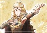  1girl ahoge bangs blonde_hair bodystocking breast_cutout breasts cape circlet closed_mouth determined fire_emblem fire_emblem_fates grey_eyes hand_on_own_chest highres lithety long_hair looking_to_the_side medium_breasts ophelia_(fire_emblem) outstretched_arm smile solo turtleneck upper_body 