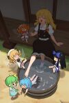  6+girls :o =_= absurdres ahoge ascot ass barefoot black_hair black_skirt black_vest blonde_hair bloomers blue_bow blue_dress blue_hair bow braid buttons cirno closed_eyes commentary_request container daiyousei day dress drill_hair esthoric fairy_wings fang green_hair ground hair_bow hand_fan happy highres holding holding_fan ice ice_wings kirisame_marisa knees laughing long_hair luna_child multiple_girls no_hat no_headwear no_pupils nude one_side_up open_mouth orange_hair pillar pinafore_dress puffy_short_sleeves puffy_sleeves shadow shirt short_hair short_sleeves side_ponytail single_braid skirt sleeping soaking_feet solid_oval_eyes star_sapphire sunny_milk touhou two_side_up underwear veranda vest water white_shirt wings wooden_floor worried yellow_ascot 