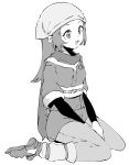  1girl absurdres akari_(pokemon) bangs between_legs blush commentary ddari greyscale hand_between_legs highres japanese_clothes long_hair long_sleeves looking_ahead looking_away looking_to_the_side monochrome open_mouth pokemon pokemon_(game) pokemon_legends:_arceus sash scarf short_sleeves simple_background sitting smile solo white_background 