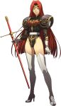  1girl armor belt black_leotard boots circlet closed_mouth full_body gloves hair_intakes high_heel_boots high_heels highleg highleg_leotard highres holding holding_sheath langrisser langrisser_iii leotard long_hair looking_at_viewer official_art purple_lips red_hair sheath sheathed shiny shiny_skin shoulder_armor solo standing straight_hair sword thigh_boots thighhighs transparent_background varna_(langrisser_iii) very_long_hair weapon white_belt white_footwear white_gloves yellow_eyes 