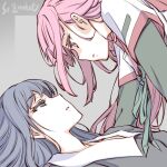  2girls arm_support artist_name blue_hair eye_contact girl_on_top looking_at_another lying magia_record:_mahou_shoujo_madoka_magica_gaiden mahou_shoujo_madoka_magica multiple_girls nanami_yachiyo on_back pink_hair studiozombie tamaki_iroha upper_body yuri 