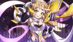  1girl bare_shoulders bodysuit breasts brown_hair clenched_hand commentary_request gloves hair_ornament hairclip headgear ignite_module looking_at_viewer medium_breasts open_hand orange_eyes scarf senki_zesshou_symphogear senki_zesshou_symphogear_xd_unlimited shiny shiny_hair shiny_skin short_hair smile symphogear_pendant tachibana_hibiki_(symphogear) tachibana_hibiki_(symphogear)_(another) tsurime yukitsuba_hina 