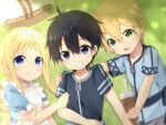  1girl 2boys alice_zuberg black_hair blonde_hair blue_eyes child commentary_request eugeo eyebrows_visible_through_hair grass green_eyes highres hilt kirito long_hair looking_at_viewer meranoreuka_(naokentak) multiple_boys outdoors purple_eyes short_hair sword_art_online sword_art_online:_alicization teeth younger 