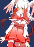  1girl alternate_costume bangs belt bird_wings blue_background blunt_bangs blush capelet frilled_skirt frills fur-trimmed_capelet fur_trim gradient_skirt head_wings highres japanese_crested_ibis_(kemono_friends) kemono_friends long_hair long_sleeves looking_at_viewer multicolored_hair petit_ramune pom_pom_(clothes) puffy_long_sleeves puffy_sleeves red_belt red_hair red_legwear red_nails red_skirt shirt sidelocks simple_background skirt smile solo striped striped_legwear tail thigh_gap thighhighs vertical-striped_legwear vertical_stripes white_hair white_shirt wings yellow_eyes 