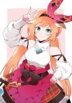  1girl absurdres apron arm_up artist_name bangs belt black_bow blush border bow bow_hairband breasts clarisse_(granblue_fantasy) commentary detached_sleeves flask geev granblue_fantasy green_eyes hair_intakes hairband hand_on_hip highres long_hair looking_at_viewer low_twintails medium_breasts orange_hair outside_border plaid plaid_skirt shirt skirt sleeveless sleeveless_shirt sleeves_past_wrists solo sparkle split_mouth turtleneck twintails v-shaped_eyebrows w waist_apron white_border white_shirt 