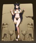  1girl anklet armlet asymmetrical_legwear asymmetrical_sleeves bangs bikini bikini_bottom bird black_hair blush breasts bridal_gauntlets cleavage collarbone earrings elbow_gloves embarrassed fate/grand_order fate_(series) fine_art_parody full_body gloves hands_up highres hoop_earrings ishtar_(fate) jason_kim jewelry long_hair looking_away looking_up midriff mismatched_bikini navel owl parody parted_bangs photo-referenced red_eyes simple_background single_elbow_glove single_thighhigh solo statue stone straight_hair sweat swimsuit thighhighs toeless_legwear toes two_side_up very_long_hair 