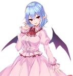  1girl :d ascot bangs bat_wings blue_hair blush breasts collared_dress commentary cowboy_shot dress eyebrows_visible_through_hair fang frills highres juliet_sleeves junior27016 long_sleeves looking_at_viewer medium_breasts pink_dress pointy_ears puffy_sleeves purple_wings red_ascot red_eyes remilia_scarlet short_hair simple_background smile solo touhou white_background wings 