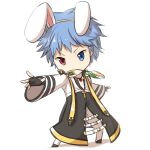  1boy animal_ears arch_bishop_(ragnarok_online) bangs black_coat black_footwear black_gloves blue_eyes blue_hair cattail chibi closed_mouth coat commentary_request cropped_jacket cross cross_necklace fake_animal_ears fingerless_gloves full_body gloves hairband heterochromia jacket jewelry long_sleeves looking_at_viewer male_focus mouth_hold natsuya_(kuttuki) necklace outstretched_hand pants plant rabbit_ears ragnarok_online red_eyes shoes short_hair simple_background solo stalk_in_mouth standing white_background white_jacket white_pants yellow_hairband 