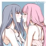  2girls artist_name blue_hair blush braid camisole eye_contact facing_another imminent_kiss kiss long_hair looking_at_another magia_record:_mahou_shoujo_madoka_magica_gaiden mahou_shoujo_madoka_magica multiple_girls nanami_yachiyo open_mouth pink_hair studiozombie tamaki_iroha upper_body yuri 