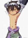  1boy brown_hair clant_st closed_eyes closed_mouth commentary_request dark-skinned_male dark_skin facial_mark made_in_abyss male_focus navel nipples regu_(made_in_abyss) simple_background solo stretch stretched_limb topless_male white_background 