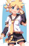  1boy bass_clef blonde_hair blue_eyes blush clant_st commentary eyebrows_visible_through_hair headphones headset highres kagamine_len looking_at_viewer male_focus midriff_peek necktie open_mouth sailor_collar short_hair shorts smile solo spiked_hair vocaloid yellow_necktie 