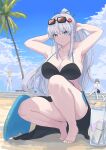  1boy 2girls absurdres armpits arms_behind_head arms_up artoria_pendragon_(fate) artoria_pendragon_(swimsuit_archer)_(fate) beach blonde_hair blue_eyes braid breasts cleavage collarbone eyewear_on_head fate/grand_order fate_(series) hair_ornament highres large_breasts long_hair morgan_le_fay_(fate) multiple_girls natu_zame oberon_(fate) palm_tree ponytail silver_hair sky squatting sunglasses swimsuit tree 