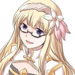  1girl arch_bishop_(ragnarok_online) bangs black-framed_eyewear blonde_hair brown_hairband cleavage_cutout clothing_cutout commentary_request cross dress eyebrows_visible_through_hair flower glasses hair_flower hair_ornament hairband long_hair looking_at_viewer natsuya_(kuttuki) open_mouth purple_eyes ragnarok_online semi-rimless_eyewear simple_background smile solo two-tone_dress under-rim_eyewear upper_body white_background white_dress white_flower 