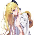 1girl absurdres areola_slip areolae bangs blonde_hair blunt_bangs blush bow breasts character_request hair_behind_ear hair_bow hair_tucking hand_in_hair highres leaning_forward long_hair long_sleeves looking_at_viewer maplestory navel no_bra open_clothes open_shirt parted_lips purple_eyes simple_background solo suzu_(tonami0726) upper_body white_background winding_key 