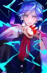  1boy bangs blue_eyes blue_hair closed_mouth commentary_request energy eyelashes hand_up holding holding_poke_ball long_sleeves looking_at_viewer male_focus necktie ogura_aoi poke_ball poke_ball_(basic) pokemon pokemon_(game) pokemon_rse red_necktie shirt short_hair smile solo steven_stone upper_body vest white_shirt 