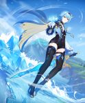  1girl absurdres bangs black_footwear black_gloves blue_cape blue_hair blue_necktie blue_sky boots cape closed_mouth eula_(genshin_impact) full_body genshin_impact gloves headband high_heels highres holding holding_sword holding_weapon ice long_sleeves looking_at_viewer necktie short_hair sky standing sword thigh_boots thighhighs tingyu_(490101957) water weapon yellow_eyes 