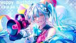  1girl 2018 :d balloon bangs bare_shoulders blue_bow blue_eyes blue_hair blue_nails bow commentary dated floating_hair hair_between_eyes hair_bow happy_birthday hatsune_miku headphones highres holding holding_megaphone long_hair magical_mirai_(vocaloid) megaphone nail_polish piyo_8080 smile solo twintails upper_body very_long_hair vocaloid white_bow 
