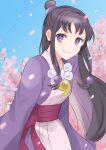 1girl absurdres ace_attorney black_hair closed_mouth hair_ornament half_updo highres japanese_clothes jewelry kimono long_hair looking_at_viewer magatama maya_fey necklace purple_eyes rin_(yukameiko) smile solo 