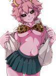  1girl ashido_mina black_sclera boku_no_hero_academia bra breasts closed_mouth colored_sclera colored_skin commentary_request cowboy_shot eyebrows_visible_through_hair gokuu_(acoloredpencil) hair_between_eyes hands_up head_tilt highres looking_at_viewer medium_breasts microskirt navel open_clothes open_shirt pink_hair pink_skin pleated_skirt seductive_smile shirt short_hair simple_background skindentation skirt smile solo stomach unbuttoned underboob underwear undressing white_background white_shirt yellow_eyes 