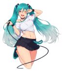  1girl ;d alternate_costume aqua_hair aqua_nails arm_up bare_legs black_choker black_footwear black_skirt blue_eyes blush bouncing_breasts breasts cable choker commentary english_commentary eyebrows_visible_through_hair facial_mark full_body hair_between_eyes hatsune_miku highres holding holding_microphone jumping long_hair looking_at_viewer medium_breasts microphone miniskirt nail_polish navel off_shoulder one_eye_closed open_mouth pleated_skirt radjeong shirt shoes short_sleeves simple_background single_bare_shoulder skirt smile sneakers solo stomach sweatband teeth tied_shirt twintails upper_teeth v_over_eye very_long_hair vocaloid white_background white_shirt 