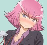  1girl arasa_ol_haman-sama bangs black_jacket blue_eyes blush collarbone collared_shirt gundam haman_karn head_tilt highres id_card iwasaki_masakazu jacket looking_at_viewer office_lady open_mouth pink_hair portrait purple_eyes purple_shirt shirt short_hair solo 