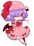  1girl ascot bat_wings bow dress fang frilled_shirt frilled_shirt_collar frilled_sleeves frills hat hat_ribbon highres light_purple_hair mob_cap one_eye_closed op_na_yarou pink_dress pink_headwear puffy_short_sleeves puffy_sleeves purple_hair red_ascot red_bow red_eyes red_footwear red_ribbon remilia_scarlet ribbon sash shirt short_hair short_sleeves simple_background smile solo touhou white_background wings wrist_cuffs 