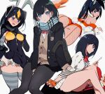  1boy 1girl ass black_hair black_jacket blazer blush breasts breath brown_cardigan cardigan cellphone collared_shirt cosplay cosplay_request covered_navel fishnets gabu_(az210309) gridman_universe hibiki_yuuta highres holding holding_phone jacket looking_at_viewer looking_down lying medium_breasts medium_hair on_person on_stomach pantyhose parted_lips phone plaid plaid_scarf ponytail purple_eyes scarf school_uniform scrunchie shirt sitting skindentation smartphone ssss.gridman takarada_rikka thighhighs ultra_kaijuu_gijinka_keikaku ultra_series white_cardigan white_shirt zetton zetton_(cosplay) 