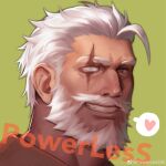  1boy absurdres avatar_icon bara beard blind facial_hair heart highres looking_at_viewer male_focus mature_male muscular muscular_male mustache old old_man overwatch powerlesssong reinhardt_(overwatch) scar scar_across_eye short_hair smile solo spoken_heart white_hair 