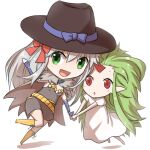  2girls :d alchemist_(ragnarok_online) bangs black_headwear blue_bow blue_gloves bow brown_cape brown_dress cape chibi commentary_request dress elbow_gloves eyebrows_visible_through_hair fingerless_gloves full_body fur_collar gloves green_eyes green_hair hair_bow hat hat_bow lif_(ragnarok_online) long_hair looking_at_viewer multiple_girls natsuya_(kuttuki) open_mouth platinum_blonde_hair ragnarok_online red_bow red_eyes simple_background smile strapless strapless_dress white_background white_dress 