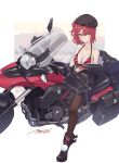  1girl beret bikini black_footwear black_headwear black_jacket black_legwear boots breasts girls&#039;_frontline ground_vehicle hat highres jacket large_breasts long_sleeves medium_hair motor_vehicle motorcycle mp7_(girls&#039;_frontline) off_shoulder pantyhose ranyu red_bikini red_hair solo striped striped_bikini swimsuit yellow_eyes 