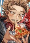  1boy artist_name biting blonde_hair boku_no_hero_academia bracelet breath cheese cheese_trail eating facial_hair feathered_wings food food_focus forehead goatee hands_up hawks_(boku_no_hero_academia) headphones jewelry kadeart large_wings male_focus pepperoni pizza_slice red_wings sharp_teeth shirt short_hair solo spiked_hair steam striped striped_shirt stubble sweatdrop teeth thick_eyebrows upper_body wings yellow_eyes 