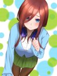  1girl :i absurdres blue_eyes blue_shirt blush breasts brown_hair closed_mouth embarrassed go-toubun_no_hanayome green_skirt headphones headphones_around_neck highres large_breasts long_hair long_sleeves looking_at_viewer nakano_miku pout school_uniform shirt skirt sleeves_past_wrists solo yousuketwelve 
