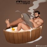  1boy absurdres bara bathing beard completely_nude facial_hair full_body highres holding holding_newspaper leg_hair male_focus mature_male muscular muscular_male newspaper nude original pectorals powerlesssong reading rubber_duck short_hair smoking solo thick_eyebrows thighs 