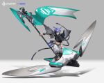 1boy abs absurdres aircraft amazedwatermelon animal_ear_fluff animal_ears aqua_eyes banner blue_hair cloak english_commentary english_text full_body glider grey_background grin head-mounted_display highres midriff original science_fiction smile solo toeless_footwear 