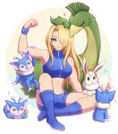  1girl abs alien animal animal_on_head biceps blonde_hair blue_eyes blue_footwear boots crop_top dachora enni etecoon flexing highres metroid metroid_fusion muscular muscular_female on_head pose samus_aran short_shorts shorts sitting sleeveless smile toned 