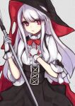  1girl azur_lane bangs black_headwear black_skirt bow bowtie breasts erebus_(azur_lane) eyebrows_visible_through_hair gloves hand_on_breast highres holding holding_wand long_hair looking_at_viewer marshall_k neck_ribbon open_mouth purple_eyes red_bow red_bowtie red_ribbon ribbon shirt silver_hair skirt small_breasts solo suspender_skirt suspenders upper_body wand white_background white_gloves white_shirt 